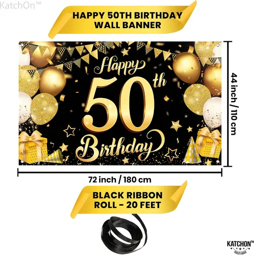 Vista 4 de KatchOn, Fondo de feliz cumpleaños 50, grande, 72 x 44 pulgadas, decoraciones de cumpleaños 50 negro y dorado Cartel de feliz cumpleaños 50