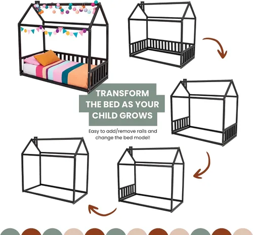 Vista 4 de Cama de casa Montessori para niños, Cama de piso para niños pequeños con rieles, Cama baja para niños pequeños, Cama de cabaña para niños, Cama