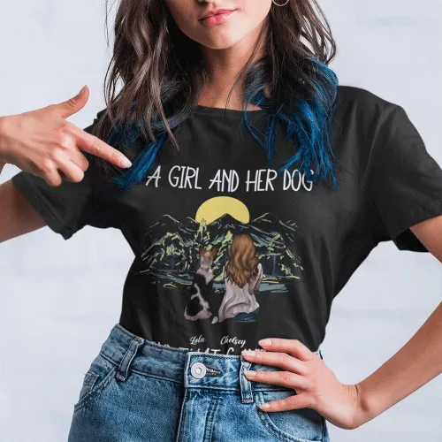 Vista 4 de Gossby Camisa personalizada con texto en inglés «A Girl & Her Dog» para mujeres, amantes de los perros con nombres, 7 tamaños, 5