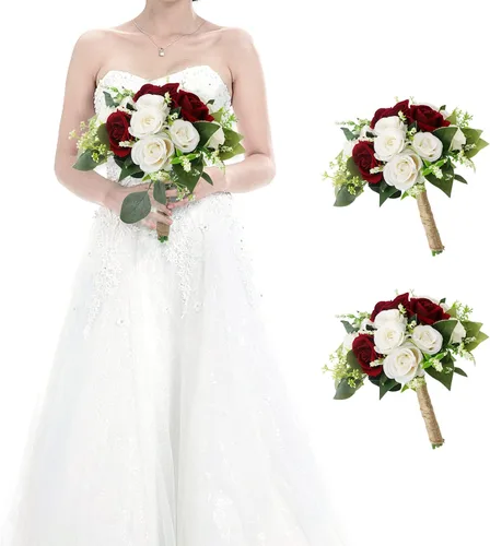 Vista 18 de Ramos para dama de honor para boda - Ramo de flores artificiales de 7 pulgadas para fiesta, ceremonia, aniversario, centros de mesa para mesa de Azul