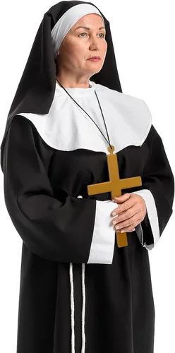 Vista 5 de 6 piezas de accesorios de disfraz de sacerdote y monja de Halloween, sombrero de monja, collar blanco de monja, collar de sacerdote, gafas