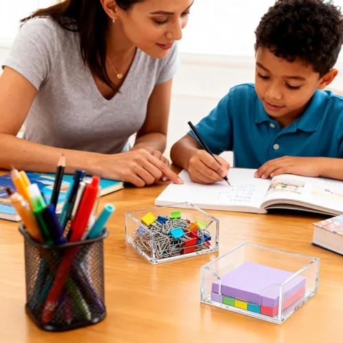 Vista 7 de Soporte de Notas Adhesivas de Acrílico Transparente Organizador de Escritorio, 3.94" x 3.94" x 1.77" Dispensador de Notas para Oficina Casa Escuela