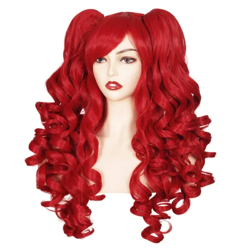 Vista 14 de ColorGround Peluca larga y rizada para cosplay con 2 colas de caballo (azul celeste)