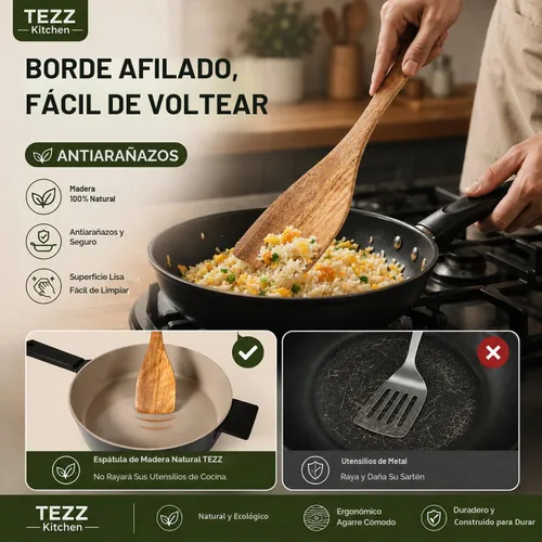 Vista 4 de Espátulas de madera, 2 piezas de utensilios de cocina de madera de acacia natural para sartén antiadherente, herramienta de cocina, espátula