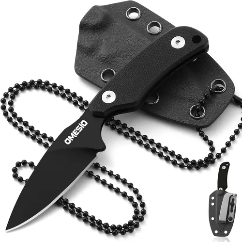 Vista 10 de Omesio Cuchillo de cuello, cuchillo de hoja fija de acero D2 de 5.82 Mango A-negro + hoja blanca