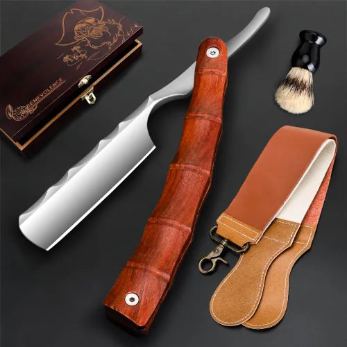 Vista 8 de Kit de maquinilla de afeitar profesional de hoja recta con Strop, afeitadora de peluquero de borde recto, afeitadora afilada de acero inoxidable