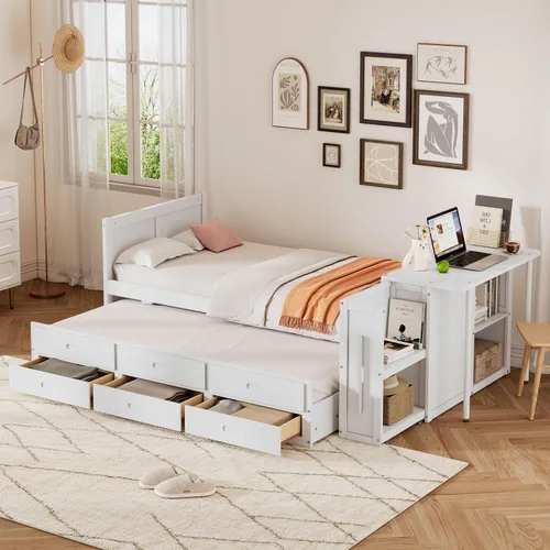 Vista 31 de VilroCaz Cama de plataforma multifunción tamaño twin con escritorio y estante de almacenamiento al final de la cama, marco de cama de plataforma