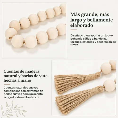 Vista 6 de OMISHE Guirnalda de cuentas de madera extra grande con cuentas de madera y borlas de 1.6 pulgadas de diámetro, cuentas decorativas rústicas de 41 1