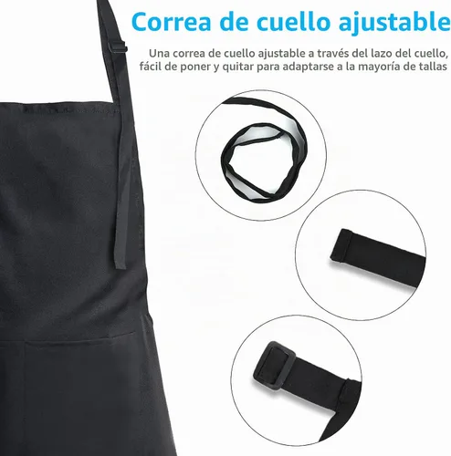 Vista 5 de Delantal ajustable con peto, impermeable, con 2 bolsillos, correa para el cuello y corbata extra larga, delantales de cocina unisex