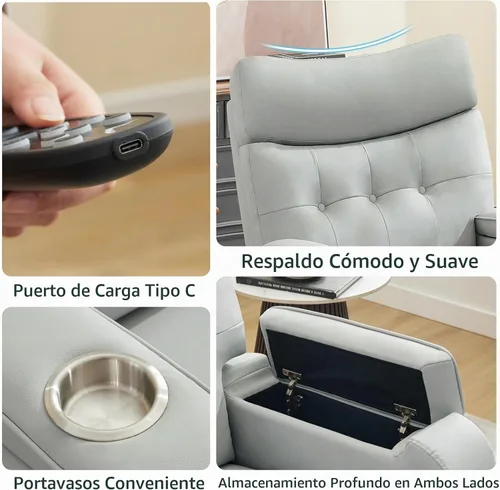 Vista 7 de Rocker - Silla reclinable para cuarto de bebé, mecedora giratoria con calor y masaje, para sala de estar, color gris Gris cuero