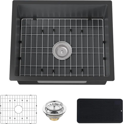 Vista 10 de Fregadero de cocina y bar negro de 15 x 17 pulgadas, fregadero de acero inoxidable con rejilla SS, alfombrilla de silicona, colador, colador