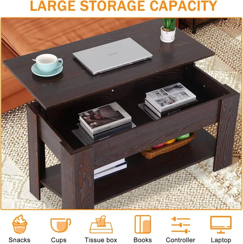 Vista 4 de Mesa de centro elevable para sala de estar, mesa de centro de madera con estante de almacenamiento/compartimento oculto, mesa de centro moderna