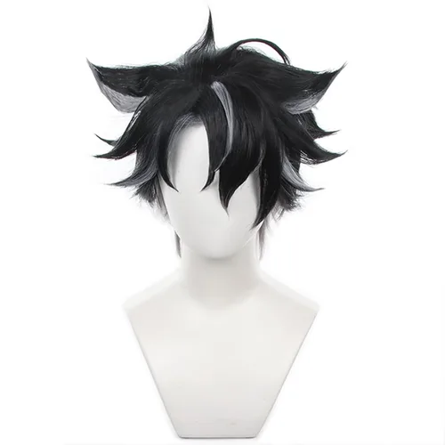 Vista 4 de Peluca larga negra y azul mezclada con flequillo para mujer, ideal para Halloween y fiestas de Navidad Negro azul