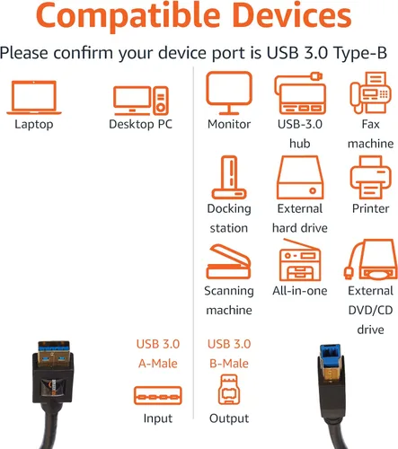 Vista 4 de Amazon Basics Cable USB-A a USB-B 3.0, 4.8Gbps de alta velocidad con enchufes chapados en oro, 6 pies, negro