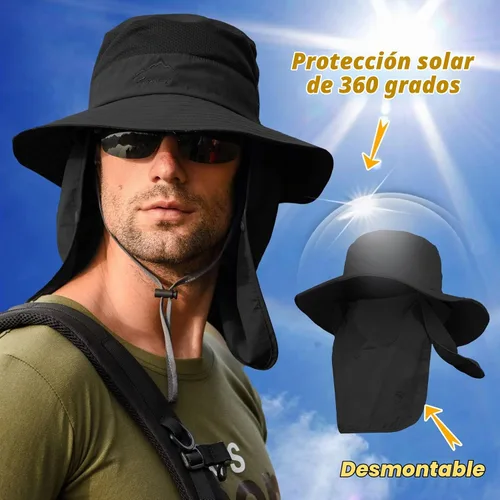 Vista 4 de Sombrero de pesca para hombre, sombrero de protección solar con malla extraíble, cubierta de solapa para el cuello, correa resistente al viento
