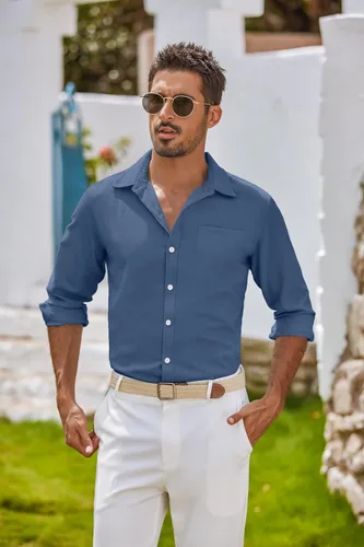 Vista 14 de COOFANDY Camisa Oxford de manga larga con botones para hombre, camisas de vestir de ajuste regular