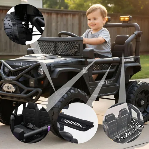 Vista 6 de Vehículo de 12 V para niños estilo Jeep con control remoto, música e historias Bluetooth, faros LED, absorción de golpes, puertas dobles con Negro