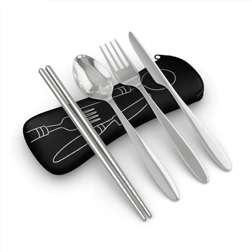 Vista 11 de Set de 4 unidades (cuchillo, tenedor, cuchara, palillos) para Viajes/Camping –Cubertería de acero inoxidable con funda de neopreno