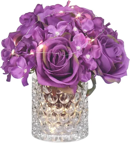 Vista 7 de Arreglo floral de seda de rosas artificiales en jarrón de vidrio con luz LED, elegante centro de mesa para el hogar, boda, baño, mesa, estante