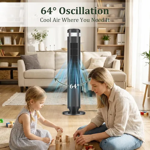 Vista 7 de Ventilador de torre para dormitorio, ventilador oscilante silencioso sin aspas de 28 dB con control remoto, 5 velocidades y 4 modos, temporizador