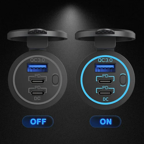 Vista 4 de Toma USB de 12V Cable Cargador USB Multipuerto, Dual PD3.0 USB-C y Carga Rápida 3.0 Puerto de Coche con Interruptor de Encendido, Carga Rápida