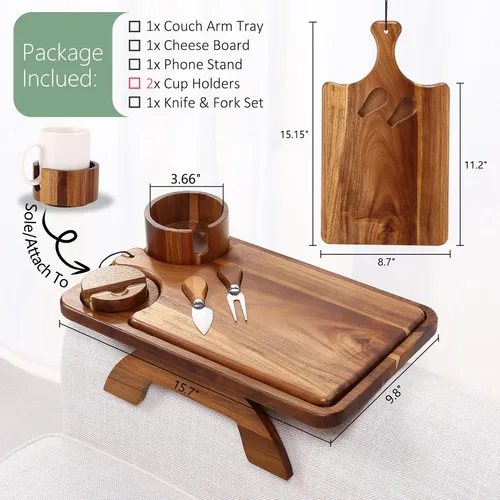 Vista 4 de Nnewvante Mesa de Brazo de Sofá con Tabla de Quesos, 4 en 1 Grande 15.7"x9.85" Madera de Acacia Bandeja con Clip para Brazo de Sofá con 360°