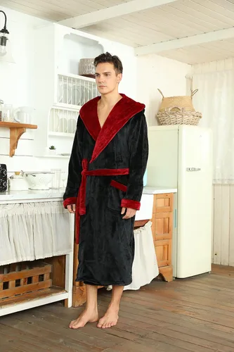 Vista 3 de U2SKIIN - Bata de baño larga y con capucha para hombre, de vellón afelpado