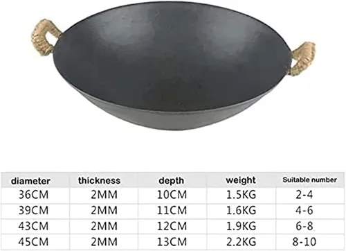 Vista 4 de PROPFE Auténtico wok chino - Sartén para freír de hierro fundido pre-sazonado con dos asas integrales 2023, 14.2 in/14.1 pulgadas