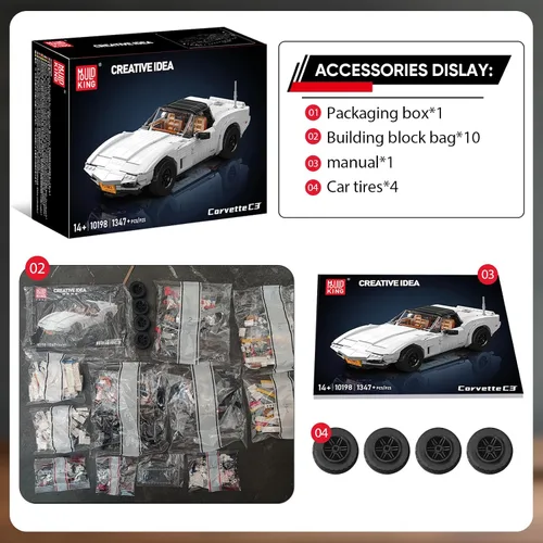 Vista 7 de Mould King 10198 Kit de construcción de modelo de coche deportivo, juego de bloques de construcción de automóvil clásico vintage con 1347 piezas