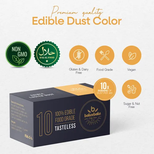 Vista 4 de Bakeebake Luster Dust - Juego de 10 colores comestibles de 0.51 onzas cada botella, purpurina comestible para bebidas y postres, polvo comestible