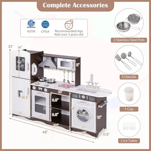 Vista 9 de HONEY JOY Juego de cocina para niños, cocina de madera modular de 2 piezas para niños pequeños y lavadora con fregadero, campana extractora