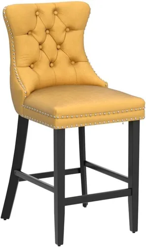 Vista 176 de SoarFlash Juego de 2 taburetes de bar tapizados de terciopelo moderno con patas de madera, botones acolchados, cabeza de clavo cromada, asiento