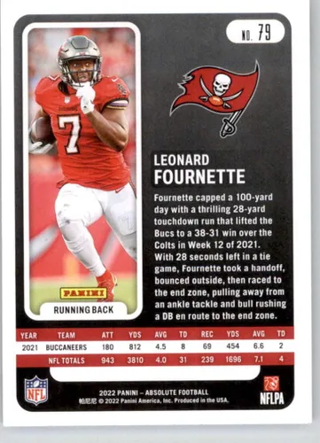 Vista 2 de 2022 Panini Absolute Retail #79 Leonard Fournette Tampa Bay Buccaneers Official NFL Football Card in Raw (NM or Better) Condition