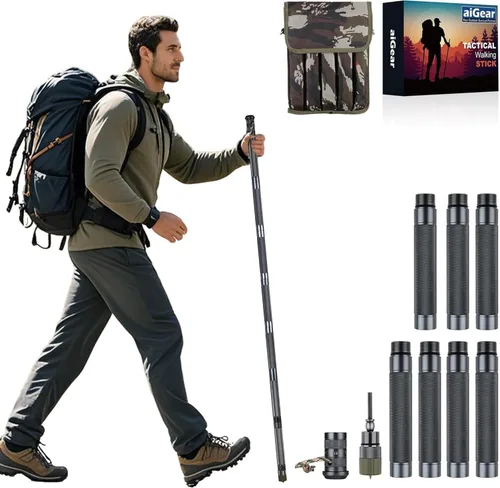 Vista 9 de aiGear H2 Survive Tactical Walking Stick Multi Tool – 7-in-1 Survival Hiking Staff, Adjustable Trekking Poles for Men, Outdoor Self Defense Stick