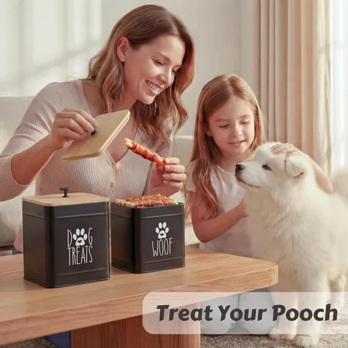 Vista 5 de PERFNIQUE Recipiente para golosinas para perros, juego de 2 tarros herméticos para golosinas para perros, tarro de galletas para encimera de cocina