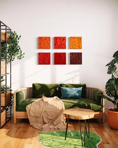Vista 5 de Sunshine Smash 3D Plaster Relief Wall Sculpture Tiles Acrylic, MDF Wood, Mixed Media,Abstract, Modern Design, Mix and Match Red (Orange)