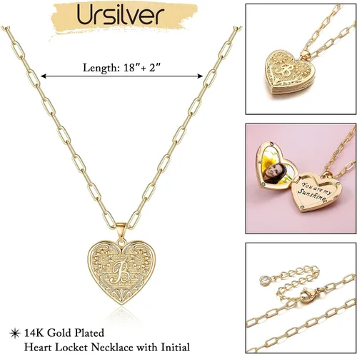 Vista 2 de Collares con medallón para mujeres y niñas, chapados en oro de 14 quilates, collares con inicial de corazón de girasol que sostiene imágenes You are