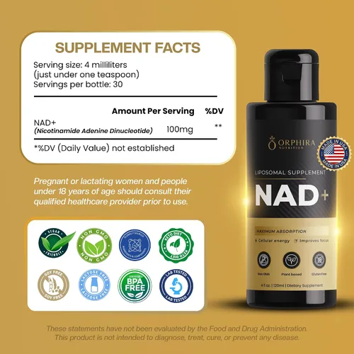 Vista 6 de Orphira - Suplemento liposomal líquido NAD+ - 10 veces mejor absorción para energía celular, claridad mental, envejecimiento saludable y apoyo