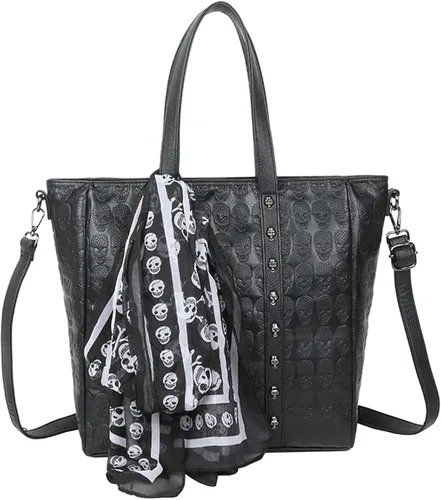 Vista 7 de Bolso de mano y monederos PU Satchel Skull Rivet Hombro Tote Top Handle Bag Negro Remache de calavera