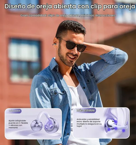Vista 3 de Auriculares con clip, auriculares de oreja abierta inalámbricos Bluetooth 5.4, auriculares ligeros de oreja abierta con micrófono batería 59H Negro