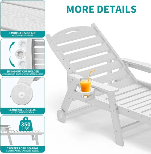 Vista 6 de Plawdlik Silla de salón para exteriores HDPE con ruedas rodantes, color Blanco