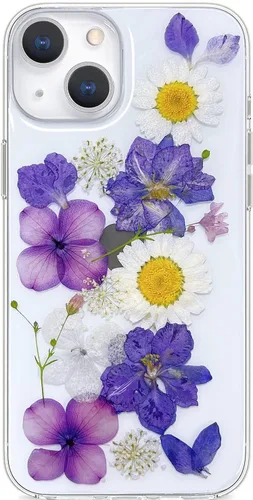 Vista 20 de Abbery Funda diseñada para iPhone 13 Pro con diseño de flores prensadas con purpurina y diseño de goma de silicona suave, diseño de flores reales