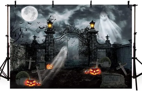 Vista 3 de MEHOFOND Fondo de fotografía de cementerio embrujado de Halloween de 7 x 5 pies, linterna gótica de fantasma, terror espeluznante, puerta