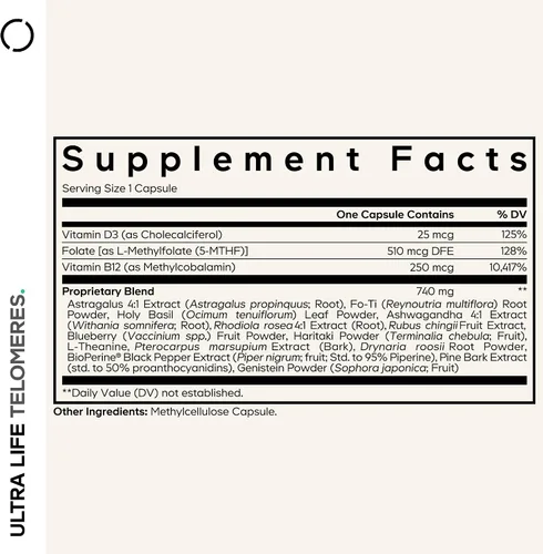 Vista 2 de Codeage Ultra Life Telomeres Suplemento – 5 MTHF Folato Vitamina B9, Vitamina B12 Metilcobalamina, Vitamina D3, L-Teanina, Ashwagandha – Suministro