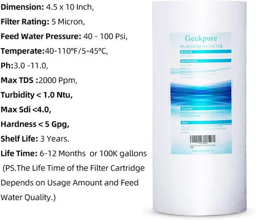 Vista 5 de Geekpure Sistema de filtro de agua para toda la casa de 10 pulgadas con 4 filtros de sedimentos de PP, puerto de 4.5 x 10 pulgadas - 3/4 pulgadas