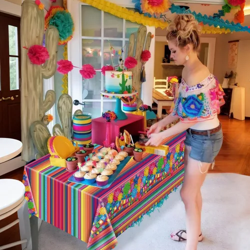 Vista 9 de Mantel de plástico para fiesta mexicana, 4 unidades, diseño de flores de papel a rayas mexicanas, decoración rectangular para fiesta de taco