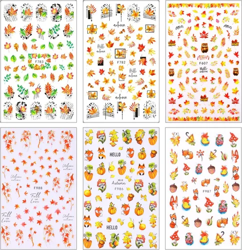 Vista 7 de 6 hojas de calcomanías de arte de uñas de otoño, calcomanías de hojas de arce, calcomanías autoadhesivas 3D, calcomanías de uñas de otoño, hojas