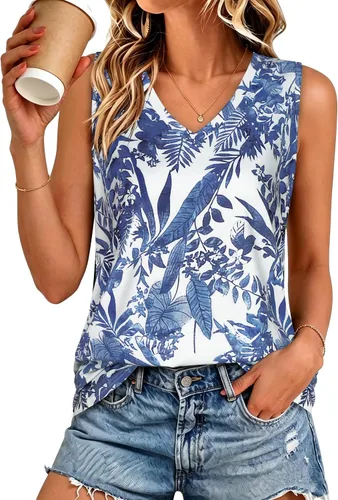 Vista 36 de Camisetas de verano para mujer, sin mangas, con cuello en V, ajuste holgado, casual, blusa tipo túnica Ab Cadetblue