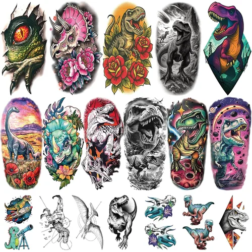 Vista 9 de 52 hojas de tatuajes temporales para niños, manga completa, dinosaurio, unicornio, tiburón, delfines, elefante, animal, cara, tatuajes falsos