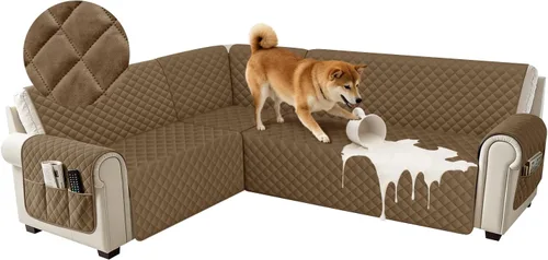 Vista 37 de Fundas impermeables para sofá seccional de esquina en forma de L, de terciopelo, juego de 6 piezas, funda en forma de U para sofá, para perros